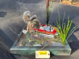 Fishing Grey Squirrel, Fishing rod, boat, water scene, and has a Big one ON ! base is 20 X 18 inches