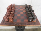 Carved African Chess Board & Pawns *Missing 1 Pawn*