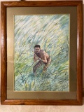 Beautiful, African Water color painting, African Warrior/Hunter 32 inches X 25 inches Signed and dat