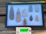 Eight Spear points & Arrowheads - Chert-Flints, largest ones are 5 inches long ,in a display case,12