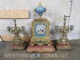 Antique French Gilt & Porcelain Mantle Clock & Candleabra Set from the Late 19th Century