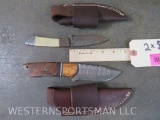 2 Damascus Knives w/Leather Sheaths and Neat Handles (2x$)
