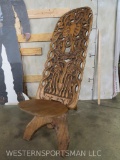 Hand Carved Wooden African Folding Chair w/Beautiful Scene of Elephants, Giraffes & Monkeys AFRICAN