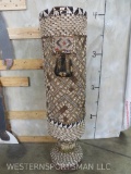 XL African Royal Kuba Drum Embellished w/Cowrie Shells, Glass Beads, Hammered Copper & Textiles