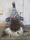 African Lele/Kuba Ceremonial Mask Carved & Decorated w/Glass Beads, animal hair & Cowrie Shells