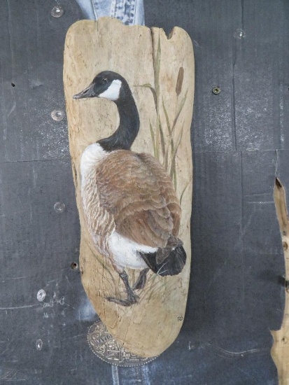 Folk Art -Painting of Goose on Wood 14.5"x5"