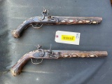 2 OLD, ornate Flintlock pistols - a MATCHED pair, about 17 inches long not Taxidermy - collectors