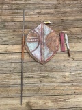Awesome looking old, African shield, 29 X 21 1/2 inches lion, battle spear 5' and knife