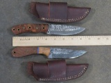 2 Damascus Knives w/Leather Sheaths and Nice Polished Wood Handles (ONE$)