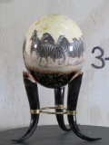 Beautiful Ostrich Egg on Springbok Horns Stand and Zebra Scene on Egg TAXIDERMY