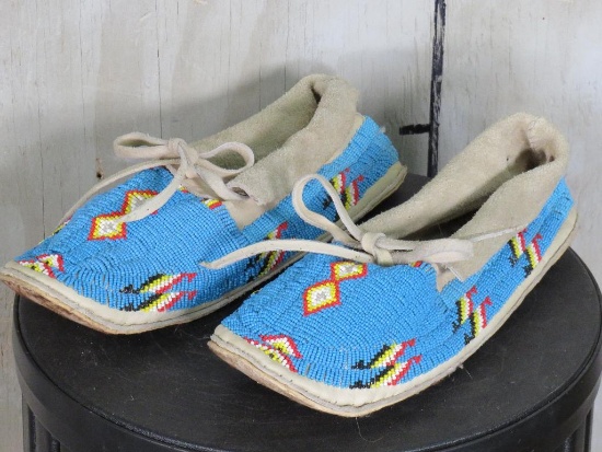 Fully Beaded Comanche Blue Mocassins Crafted of Leather w/Hide Soles