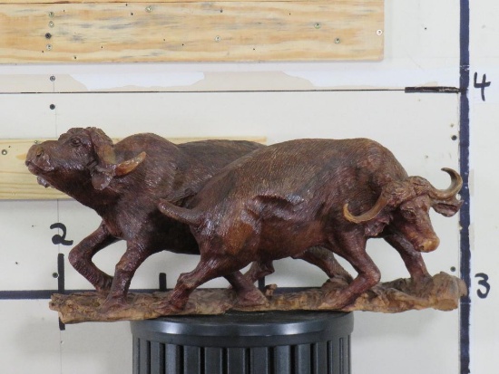 Beautiful Hand Carved Wood Statue of 2 Cape Buffalo AFRICAN ART