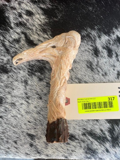 Beautiful, Detailed, carved Stag antler, cane handle, Wolves, lions Eagles, Mastodon, and bears exce