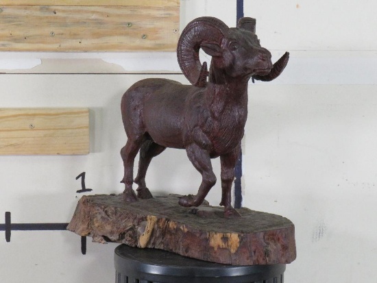 Big/Beautiful Hand Carved Wood Statue of Big Horn Ram ART