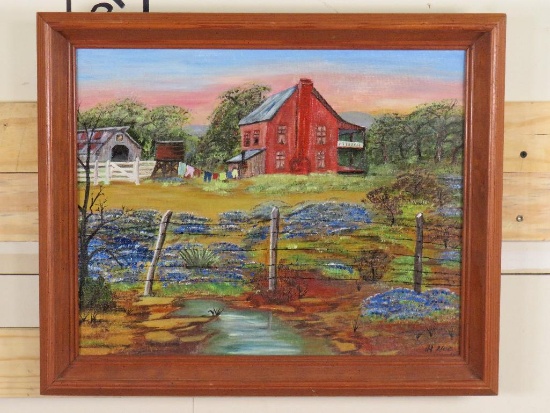 Original Painting by Unknown Artist JH Farm House Scene on Canvas & Framed ORIGINAL ART