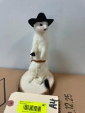 Cute Cowboy Weasel or Ermine - hat, pistol, and holster 8 1/2 inches tall on a wood base that is 7 X