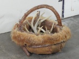 Rustic Wood/Wicker Basket w/faux fur & Whitetail Antlers TAXIDERMY