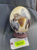 Beautiful painted Ostrich egg, with African Big five, on a display stand, 6 inches tall, great Afric