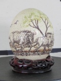 Nice Scrimshawed Ostrich Egg w/Wildebeest Scene on Stand TAXIDERMY