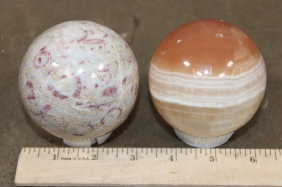 (1) *Rare* KAKORTOKITE SPHERE and (1) Banded ORANGE CALCITE SPHERE (ONE$)