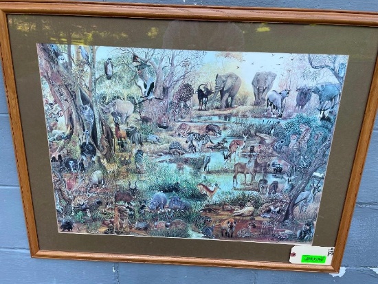 "All Creatures" Art Print Signed by artist Charlotte FK in a Glass and Wooden Frame
