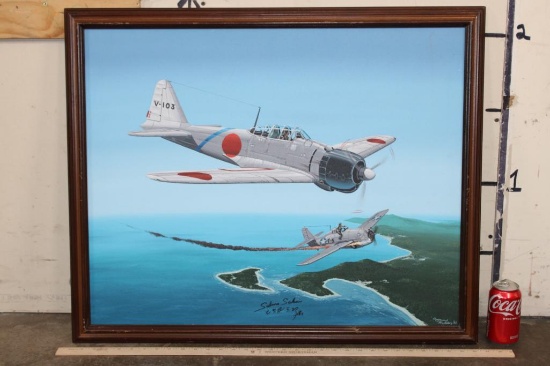 Original Oil Painting "Zero Pilot" signed by artist Raymond Waddy and signed by Pilot Saburo Sakai