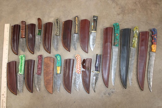 (13) *New* Damascus Steel Fixed Blade KNIVES with custom Leather Sheaths (ONE$)