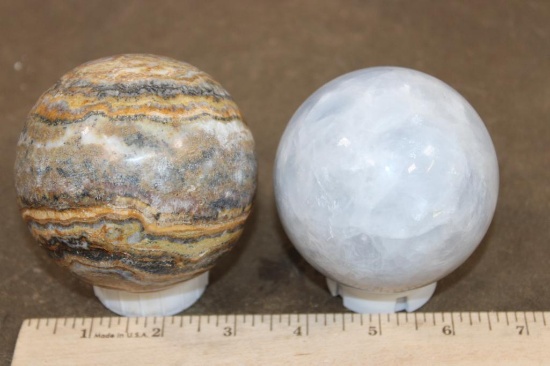(1) Banded CHALCEDONY Mineral Sphere and (1) BLUE CELESTITE Mineral Sphere (ONE$)