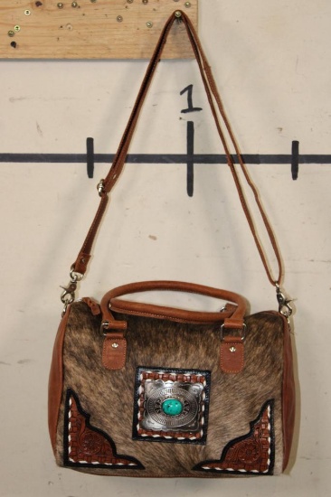 *Brand New* Brindle COW HIDE and Leather Purse with Tooled Accents