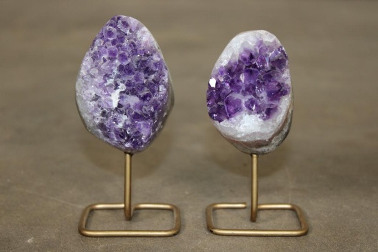 (2) Natural AMETHYST Crystal Clusters on Metal Stands (ONE$)