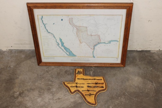 (1) Reproduction "Map of Texas 1844" and (1) Antique 1800s Texas Barbed Wires Plaque (ONE)