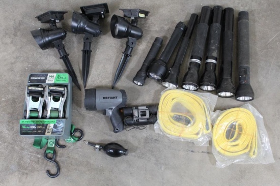 (7) Flashlights, (3) Solar Lights, Hatchet Straps, Spotlight, and Hand air pump (ONE$)