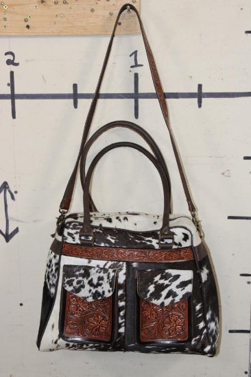 *Brand New* Salt and Pepper Cow Hide and Tooled Leather Bag