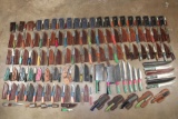 (100) *Brand New* Damascus Steel and Carbon Steel Knives with Leather Sheaths (ONE$)