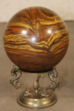 Big 9lb TIGER'S EYE Semi-precious Mineral Sphere with a Brass Dragon Display Stand
