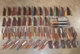 (50) *Brand New* Damascus Steel and Carbon Steel Knives with Leather Sheaths (ONE$)