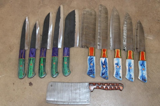 (10) *New* Damascus Steel Chef KNIVES, (2 different sets of 5) and 1 Butcher KNIFE (ONE$)