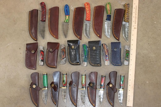 (15) *New* Damascus Steel Blade KNIVES with Leather Sheaths (ONE$)