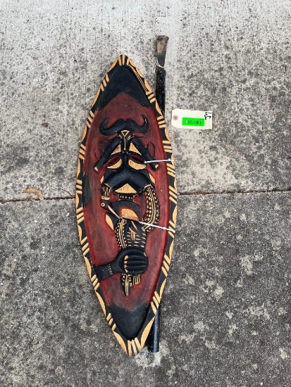 Hand-carved and Painted AFRICAN War Shield with a Weapon