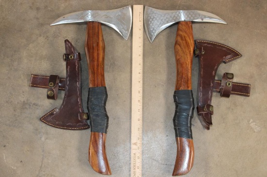 (2) Steel Blade Contemporary Viking Style Battle Axes with Leather Sheaths (ONE$)
