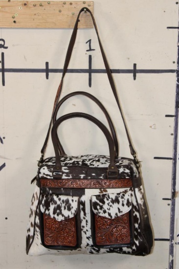 *Brand New* Salt and Pepper COW HIDE and Tooled Leather Bag