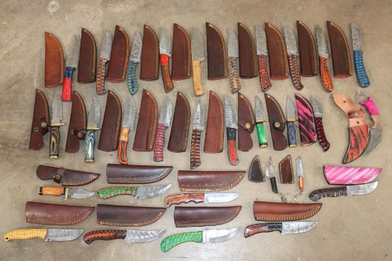 (30) *New* Damascus Steel Fixed Blade KNIVES with Leather Sheaths (ONE$)