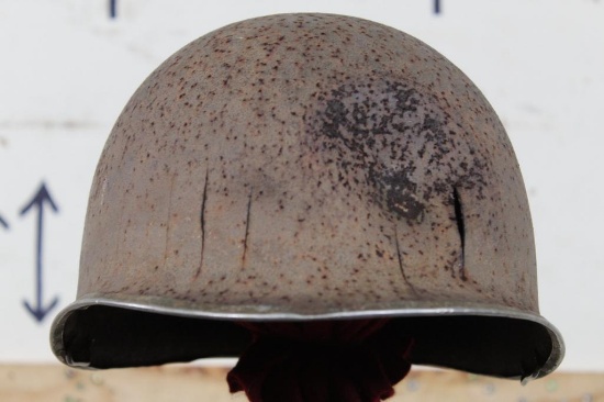 Original (Early) WW2 Fixed Bale U.S. M1 Steel Combat Helmet Shell with Combat Damage