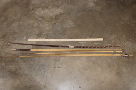 Very Old Indigenous African TRIBAL BOW with 4 Arrows with Bone or Wood Points