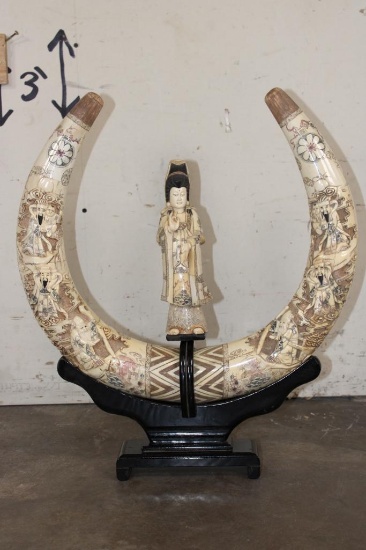 Antique Carved and Scrimshawed Bone Guanyin Figure with 2 Tusks or Horns on a Hand-carved Stand