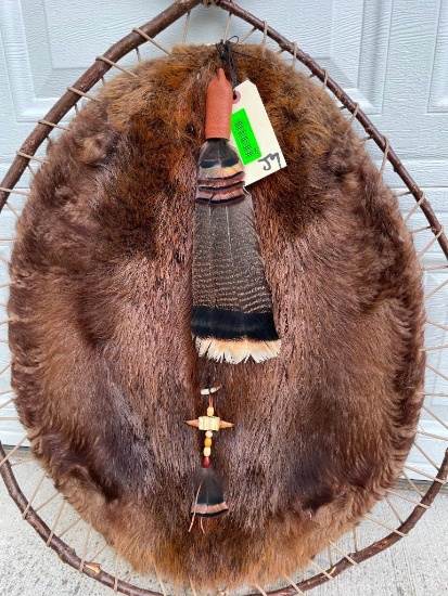 Native American Style *New* BEAVER Hide with Turkey Feathers in a Willow Hoop