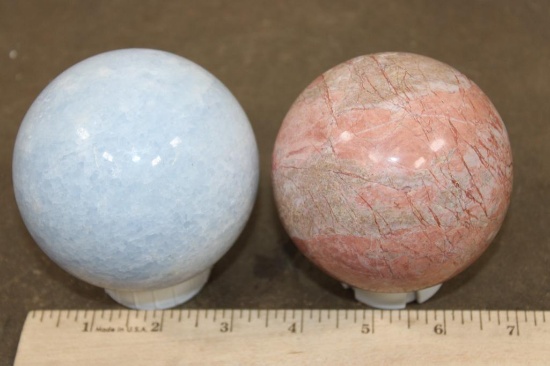 (1) BLUE CELESTITE Mineral Sphere and (1) PEACH MOONSTONE Mineral Sphere (ONE$)