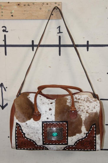 *Brand New* Brown and White COW HIDE Duffle Bag with Tooled Leather Straps