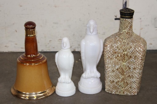 (3) Vintage DECANTERS and (1) Diamondback RATTLESNAKE Skin Wrapped Crown Bottle (ONE$)