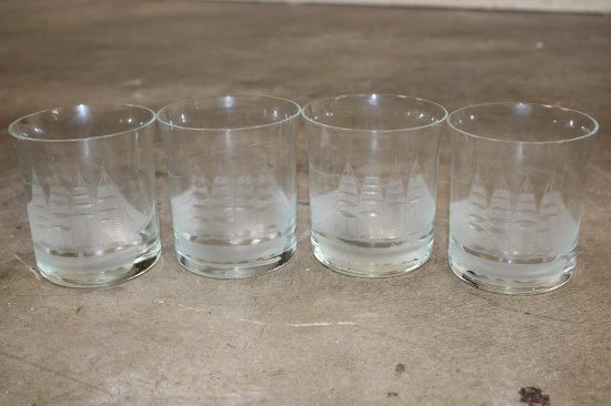 Set of (4) Vintage "Clipper" by Toscany Etched Old-Fashioned Whiskey Glasses (ONE$)